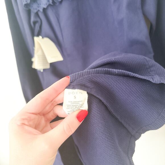 Doen Minore Dress Navy Size S Eyelet Collared Long Sleeve Organic Cotton Cottage - Picture 12 of 13